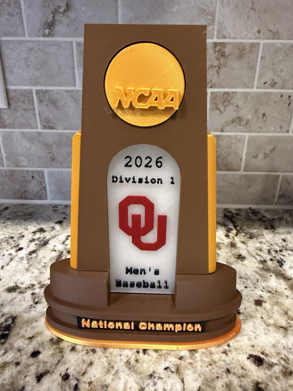 Oklahoma Sooners baseball 2026 national champion trophy 3d printed. Pla plastic