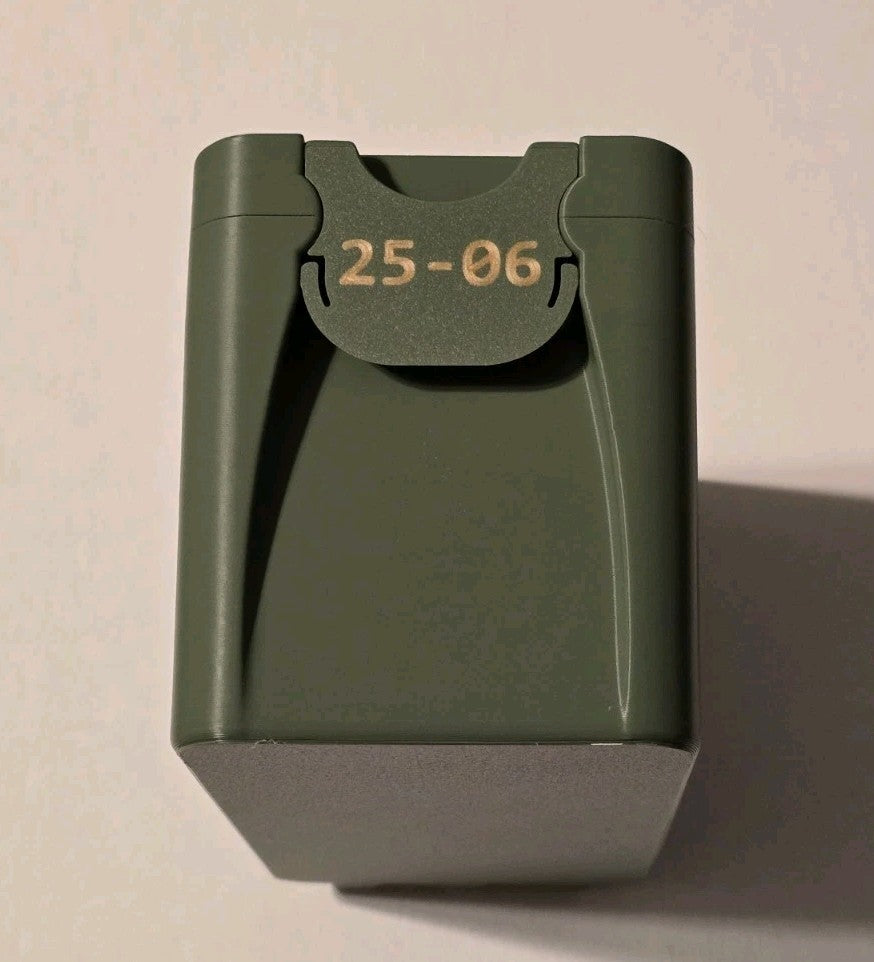 25-06 Ammo Box Snap Lock 50 rd 3D Printed Storage Olive Green Gold Pla