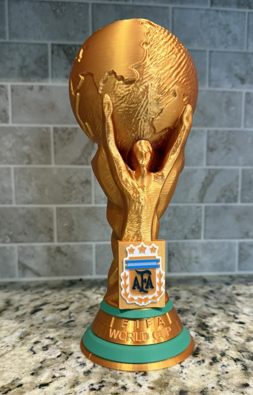 3D Printed FIFA World Cup Trophy Argentina logo 2026. 10 Inches Tall gold silk