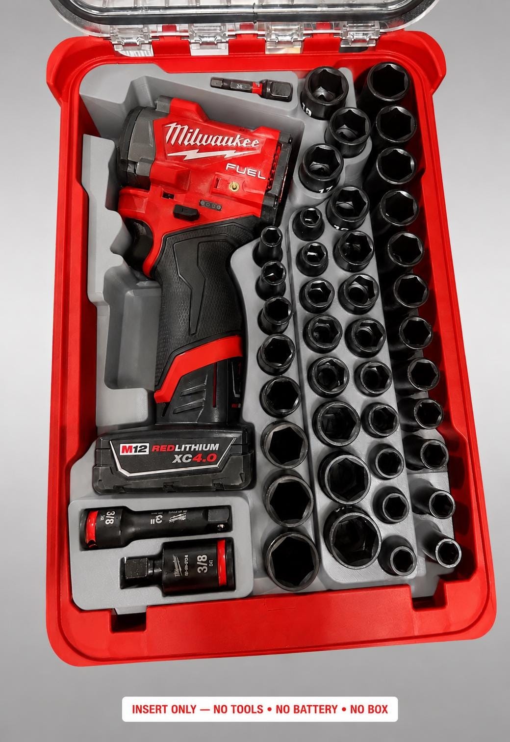 Milwaukee Packout Insert for M12 Stubby 3/8 Impact Wrench+43pc Socket|3D Printed