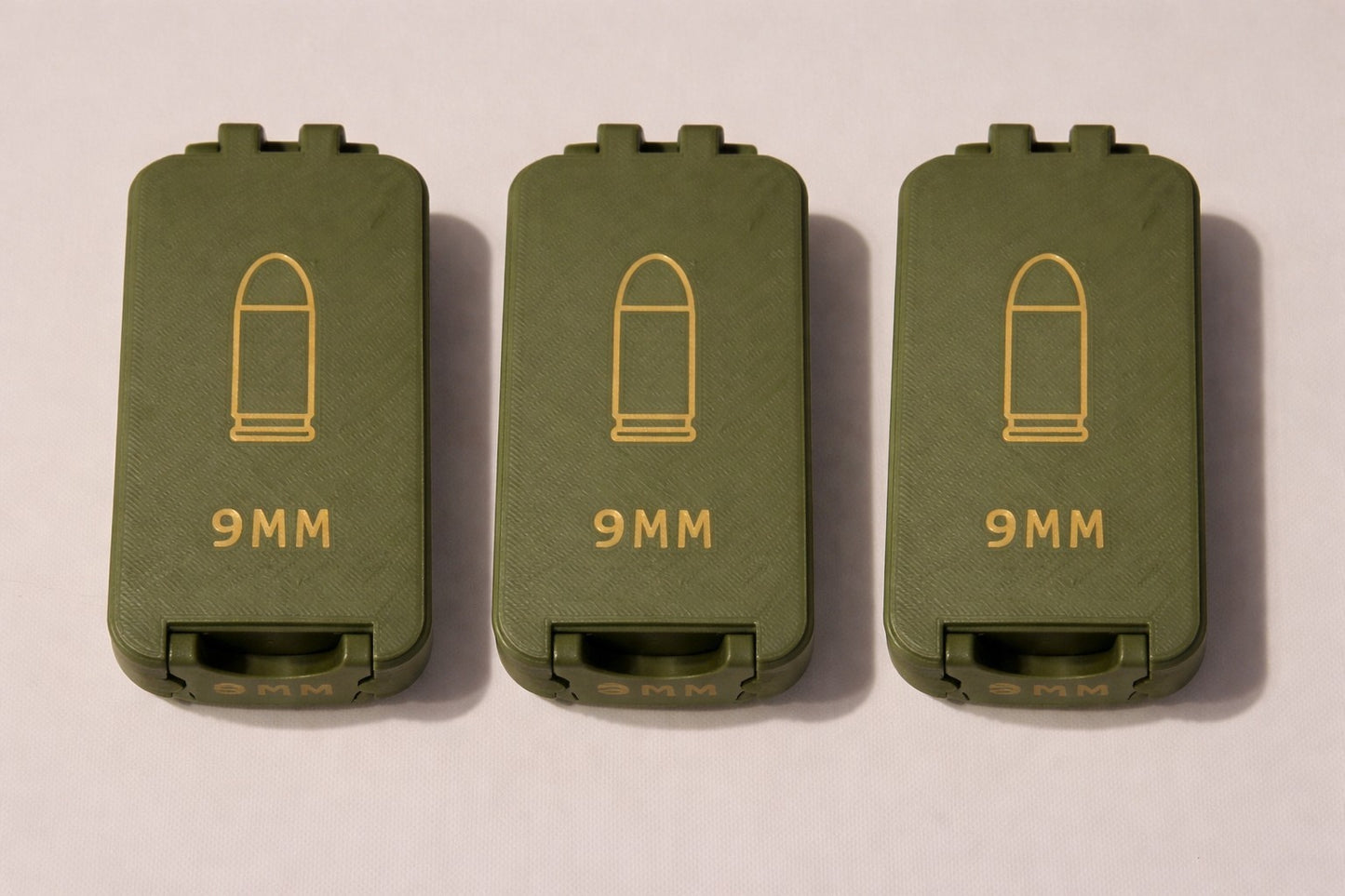 3x 9mm Ammo Box Snap Lock 50 rd Compact 3d Printed Storage Olive Green Gold Pla