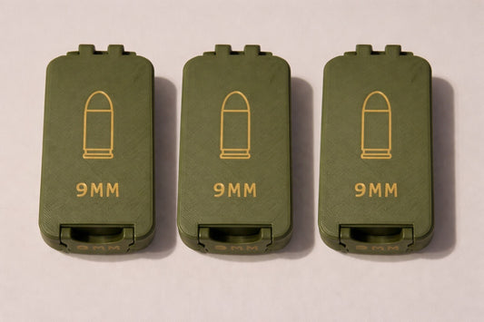 3x 9mm Ammo Box Snap Lock 50 rd Compact 3d Printed Storage Olive Green Gold Pla