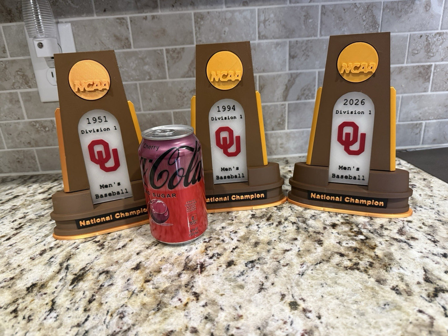 3-Oklahoma Sooners baseball 1951-1994-2026 national champion trophy 3d printed