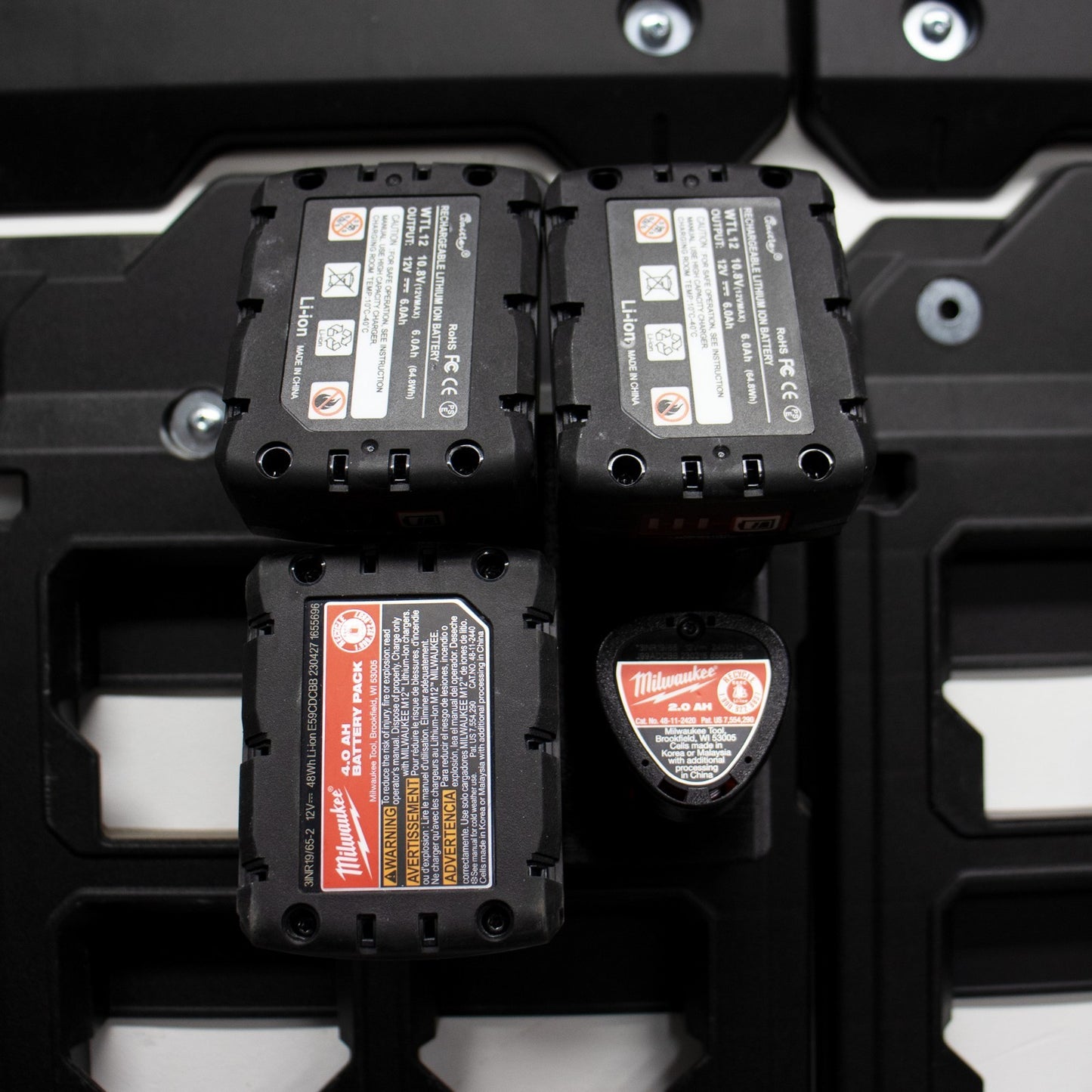 Packout Wall M12 Battery Holder Quad Mount (Large and Small Batteries)
