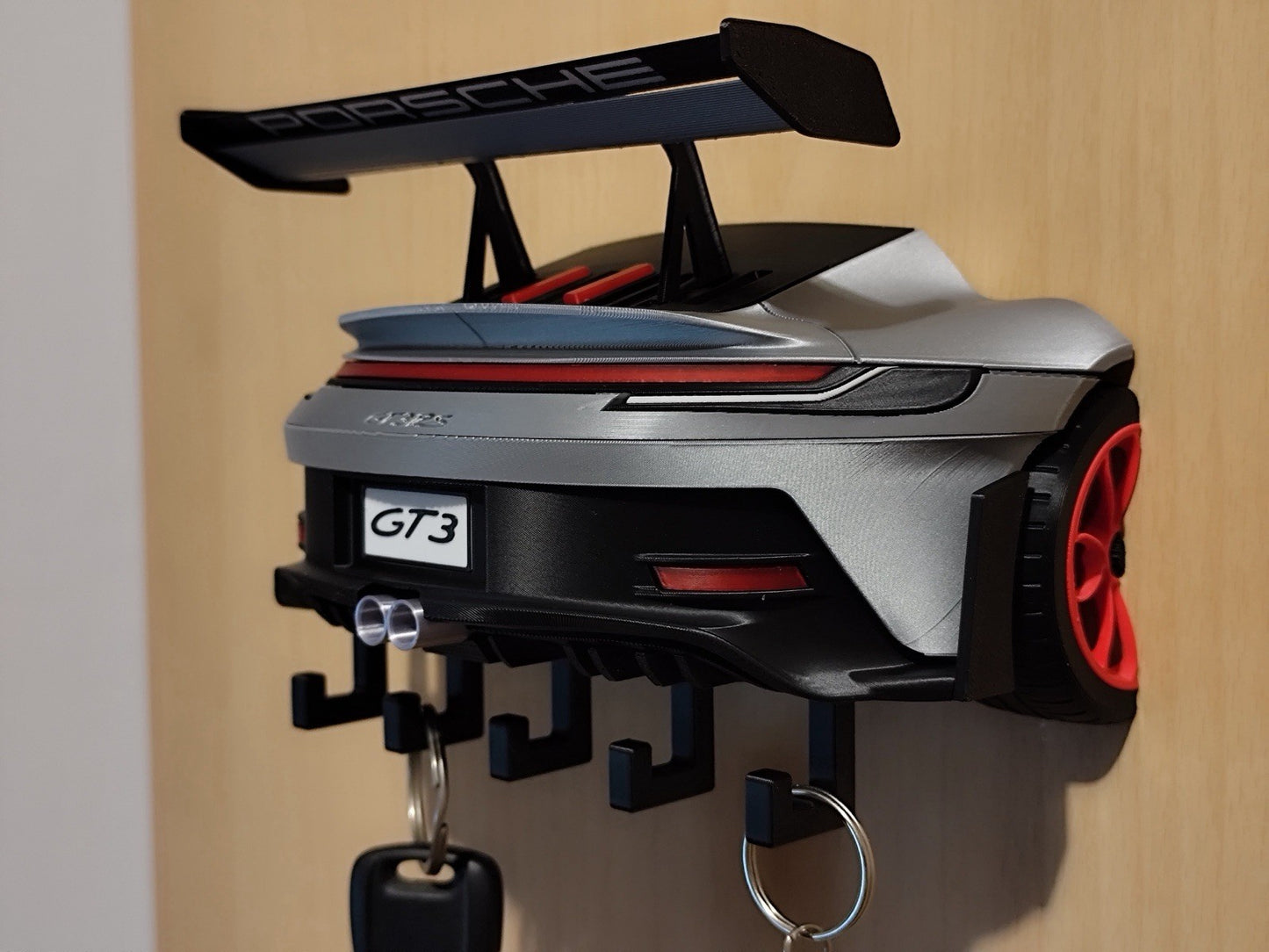 GT3 RS Car-Shaped Wall Mounted Plastic Key Hook Holder Rack, Gray/Black/Red