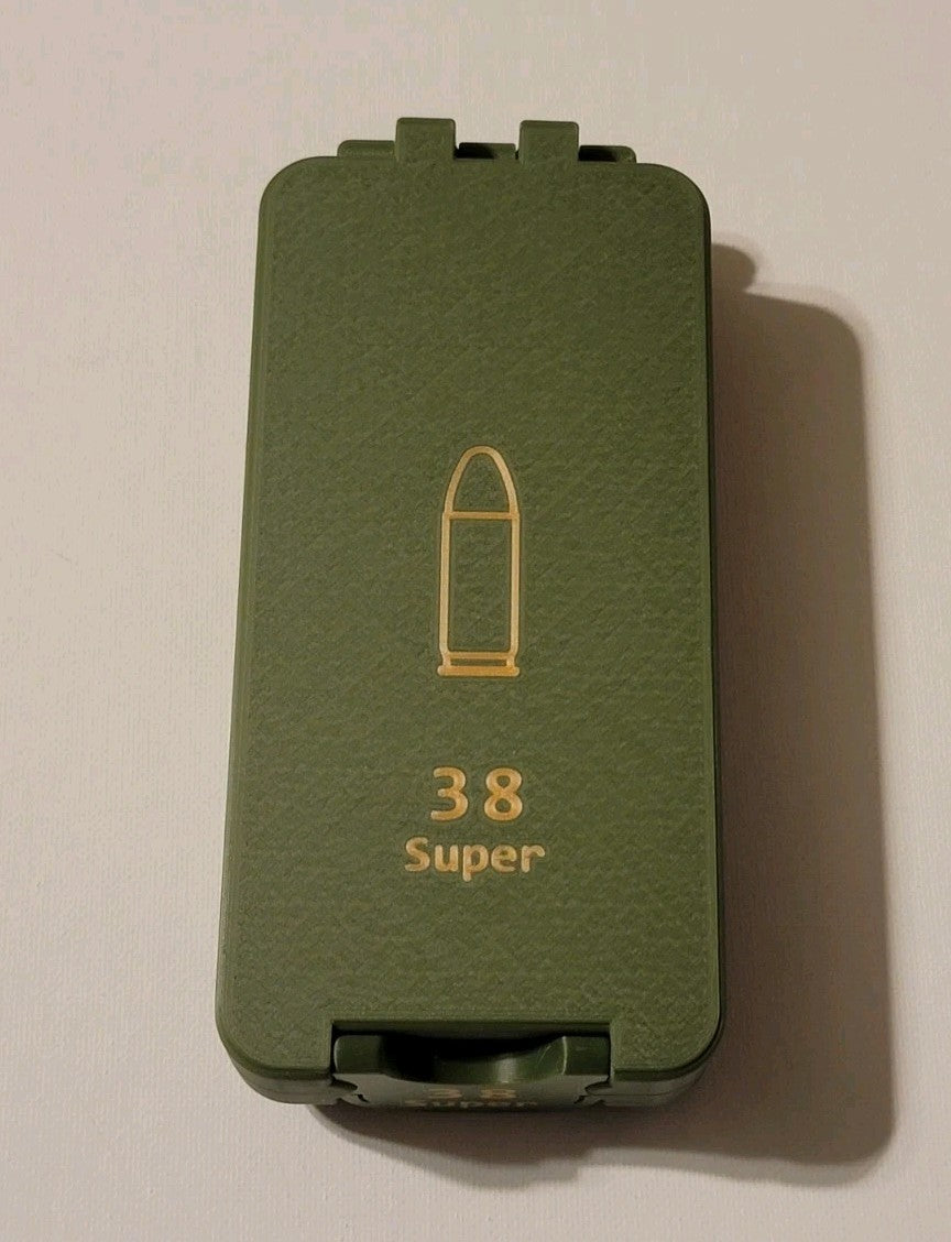 38 Super Ammo Box Snap Lock 50 rd 3D Printed Storage Olive Green Gold Pla