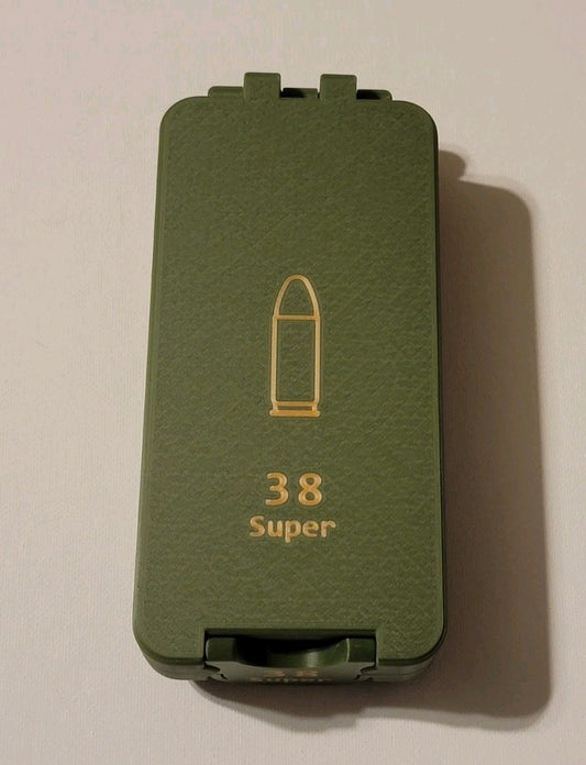 38 Super Ammo Box Snap Lock 50 rd 3D Printed Storage Olive Green Gold Pla