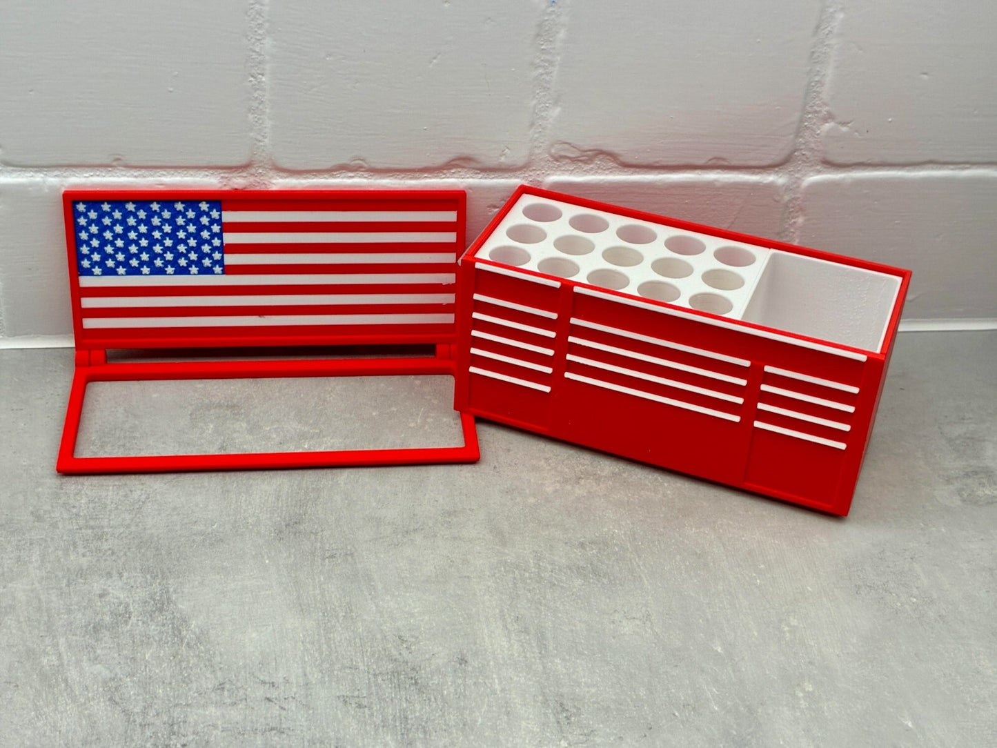 Mini Red Toolbox Pen Holder | Desk Organizer with American Flag |